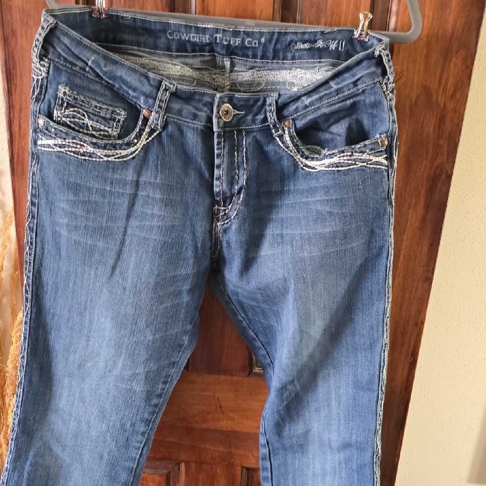 Cowgirl Tuff Women's Blue Boot Cut Jeans with White Stitching